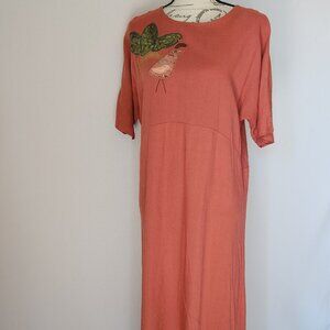 Alfredo's Wife Bird-Embroidered Tunic Maxi Dress Short Sleeve Orange Brown-ish